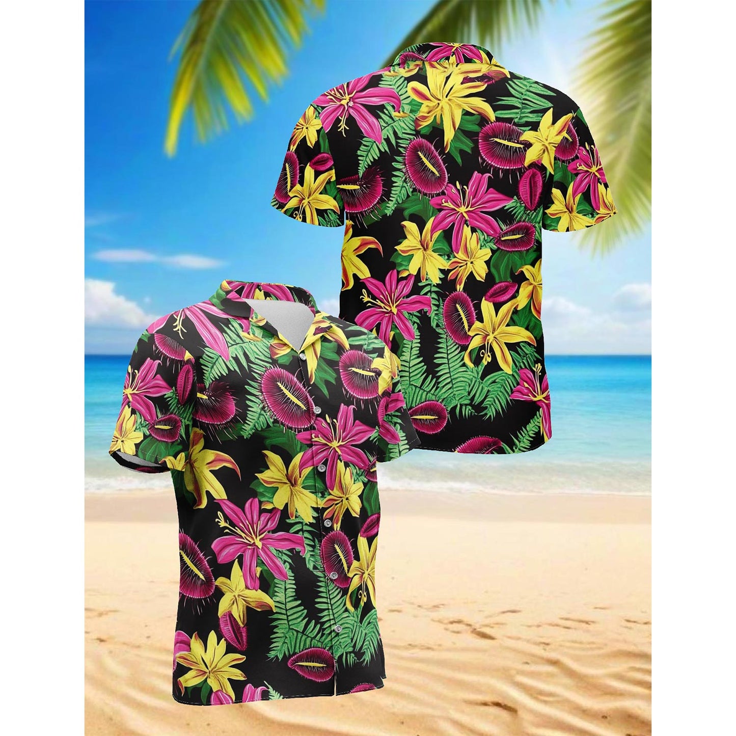 Netecom Tropical Flower Hawaiian Shirt for Men, Button Down Summer Beach Short Sleeve, Tropical Style, Sizes S-5XL