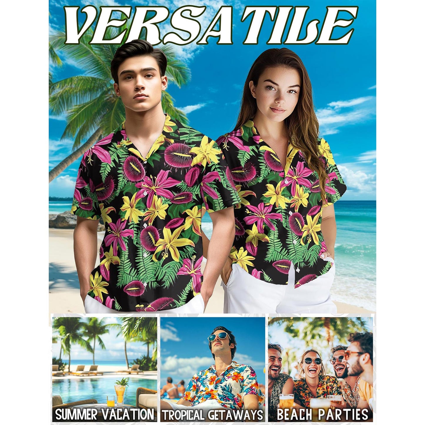 Netecom Tropical Flower Hawaiian Shirt for Men, Button Down Summer Beach Short Sleeve, Tropical Style, Sizes S-5XL
