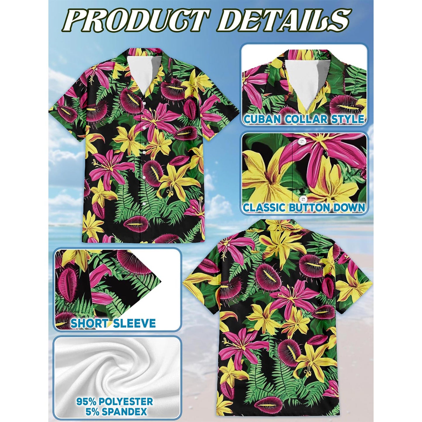 Netecom Tropical Flower Hawaiian Shirt for Men, Button Down Summer Beach Short Sleeve, Tropical Style, Sizes S-5XL