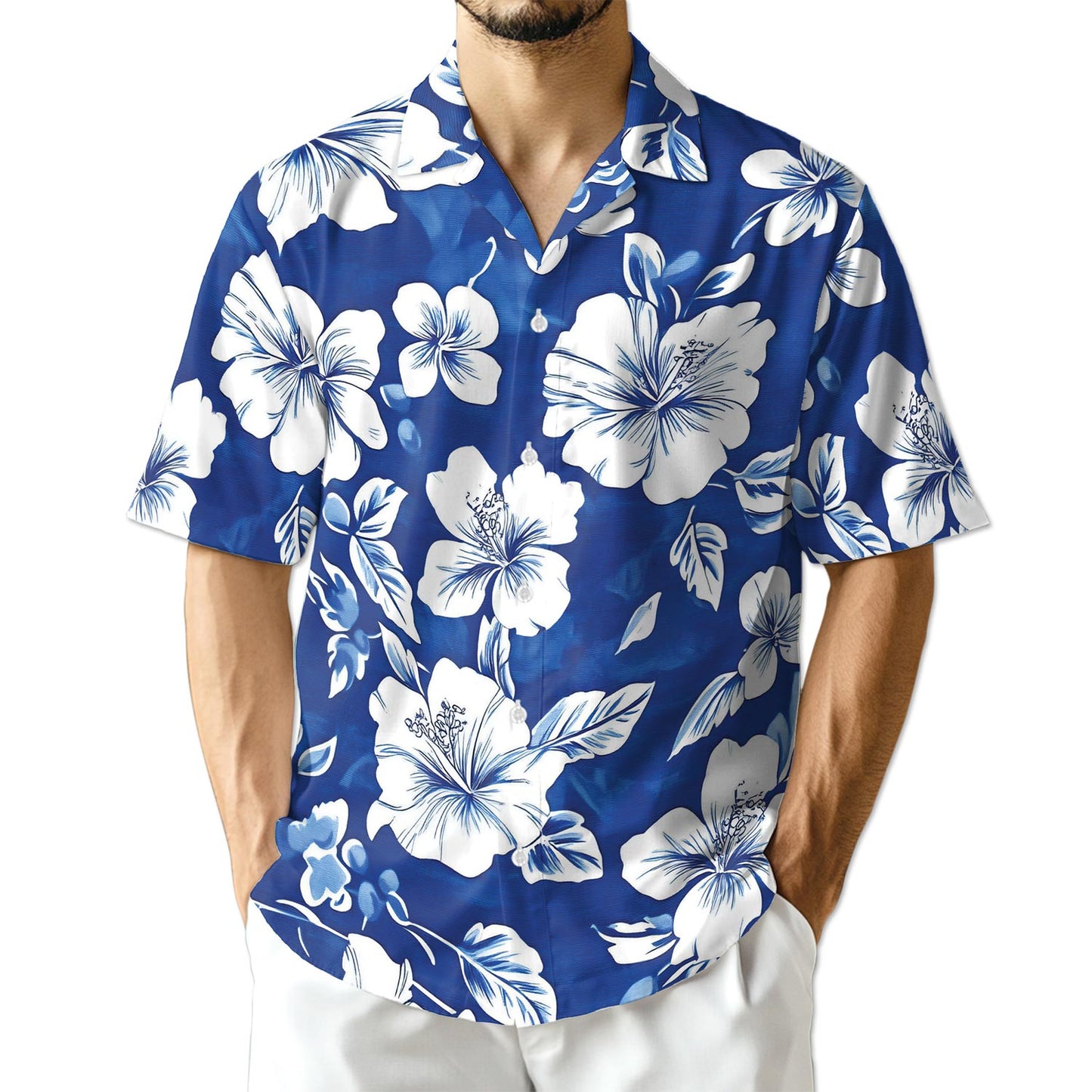 Netecom Tropical Hibiscus Blue Hawaiian Shirt for Men