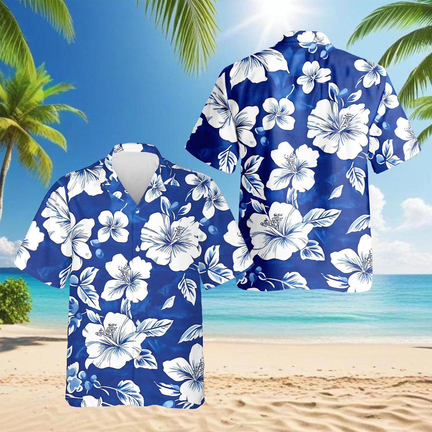 Netecom Tropical Hibiscus Blue Hawaiian Shirt for Men, Button Down Summer Beach Short Sleeve, Tropical Style, Sizes S-5XL