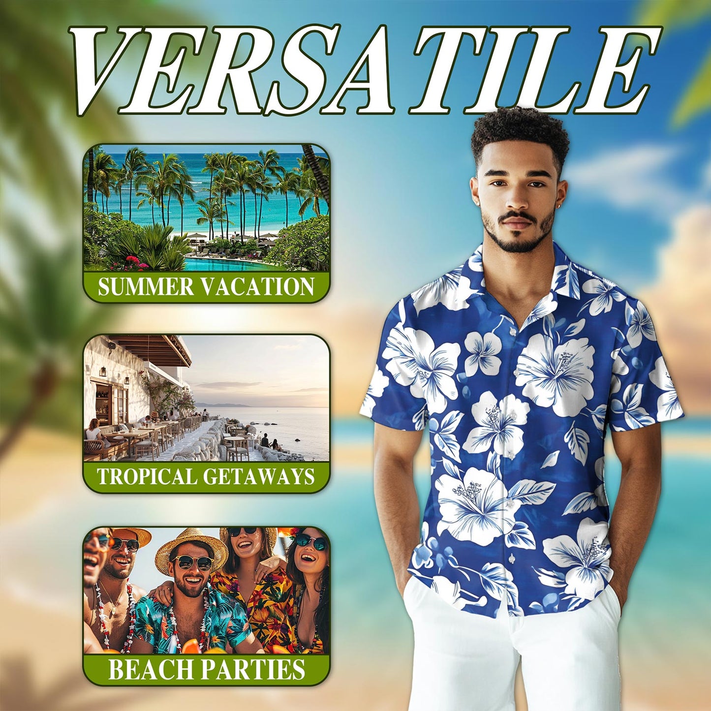 Netecom Tropical Hibiscus Blue Hawaiian Shirt for Men, Button Down Summer Beach Short Sleeve, Tropical Style, Sizes S-5XL