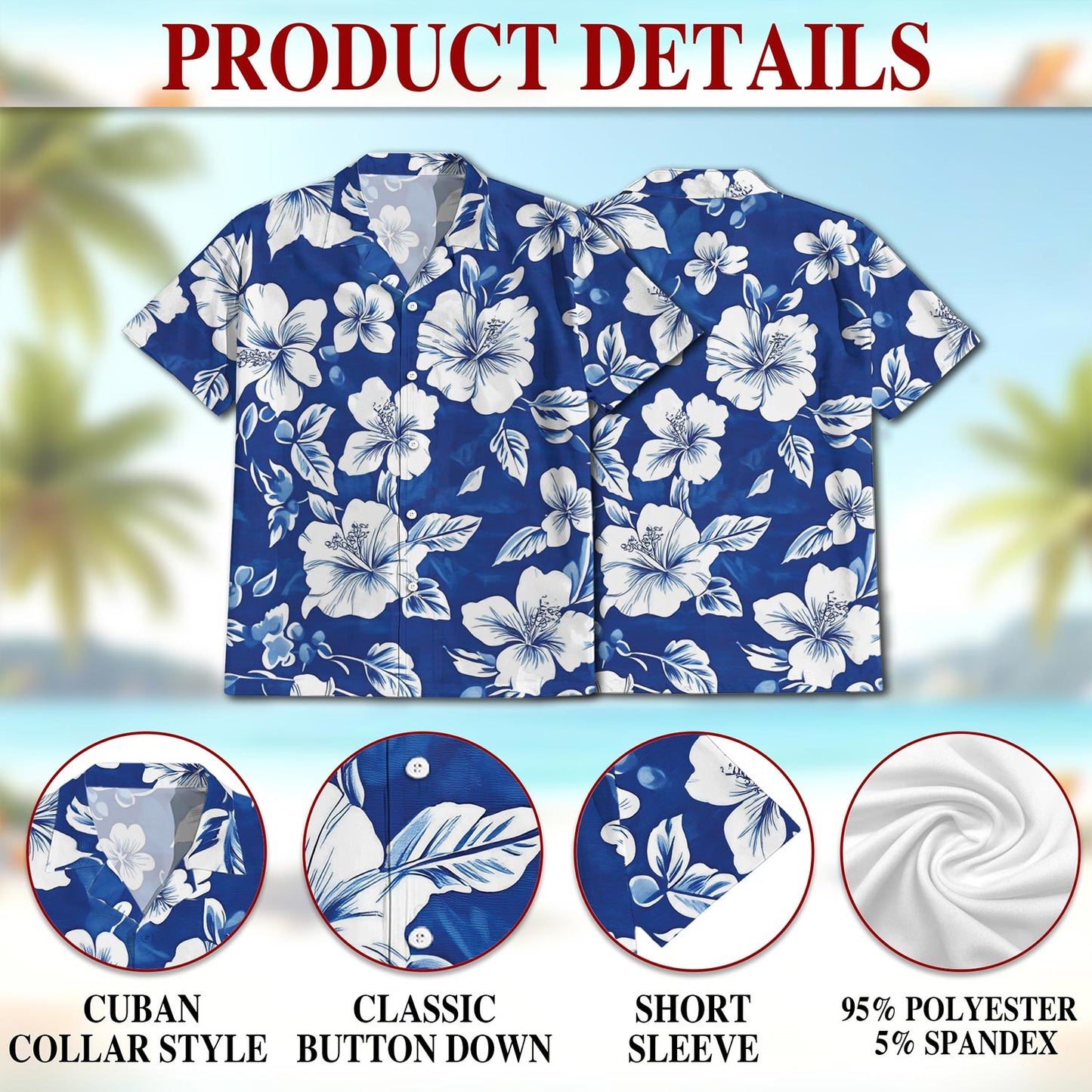 Netecom Tropical Hibiscus Blue Hawaiian Shirt for Men, Button Down Summer Beach Short Sleeve, Tropical Style, Sizes S-5XL
