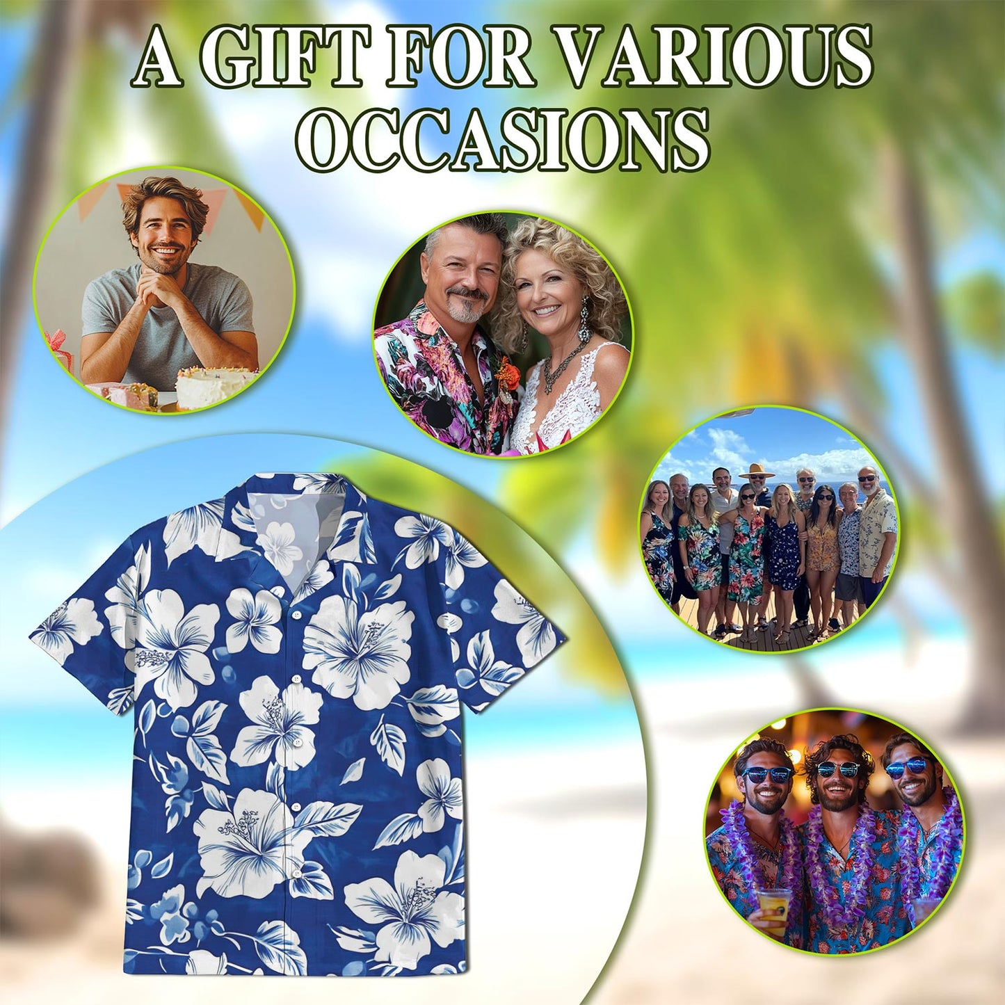 Netecom Tropical Hibiscus Blue Hawaiian Shirt for Men, Button Down Summer Beach Short Sleeve, Tropical Style, Sizes S-5XL