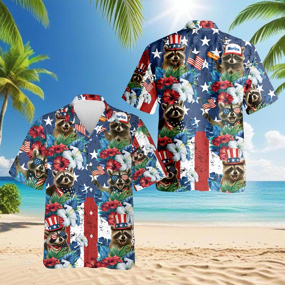 Netecom Tropical Merica Raccoon Hawaiian Shirt for Men Women, American Flag 4th Of July Button Down Summer Beach Shirts, S-5XL