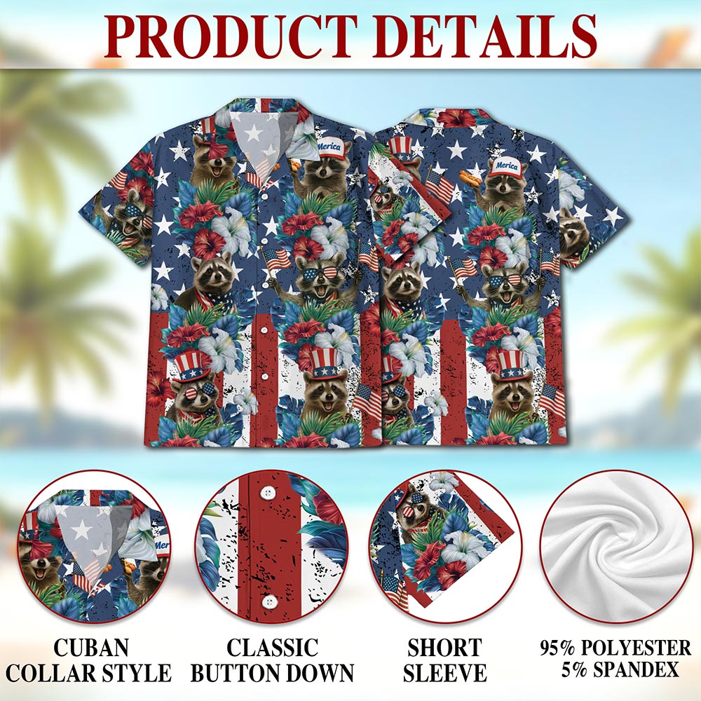 Netecom Tropical Merica Raccoon Hawaiian Shirt for Men Women, American Flag 4th Of July Button Down Summer Beach Shirts, S-5XL