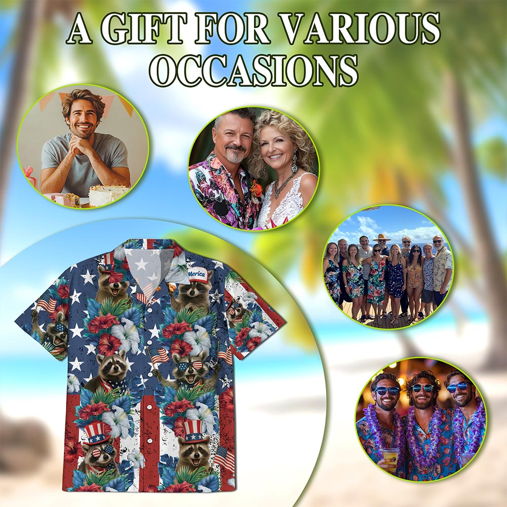 Netecom Tropical Merica Raccoon Hawaiian Shirt for Men Women, American Flag 4th Of July Button Down Summer Beach Shirts, S-5XL