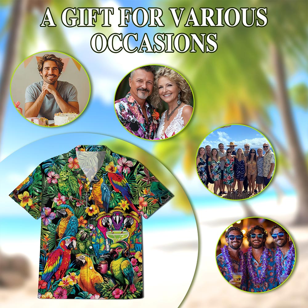Netecom Tropical Parrot Hawaiian Shirt for Men, Bird Lover Gifts, Button Down Summer Aloha Beach Short Sleeve Shirts, S-5XL