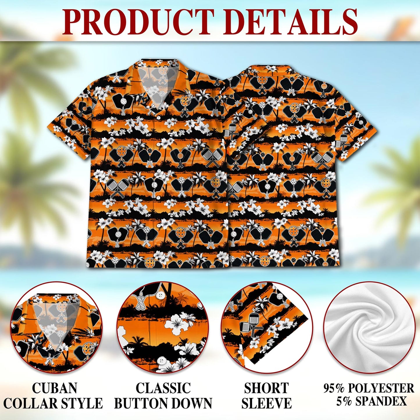 Netecom Tropical Pickleball Hawaiian Shirt for Men, Pickleball Player Gifts Button Down Summer Beach Short Sleeve, S-5XL
