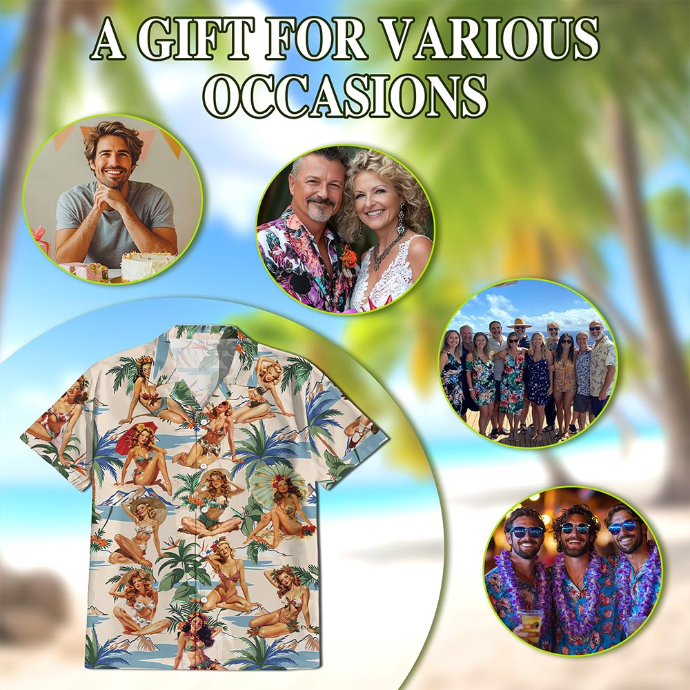 Netecom Tropical Pinup Girls Hawaiian Shirt for Men Women, Beautiful Sexy Girl Button Down Summer Aloha Beach Shirts, S-5XL