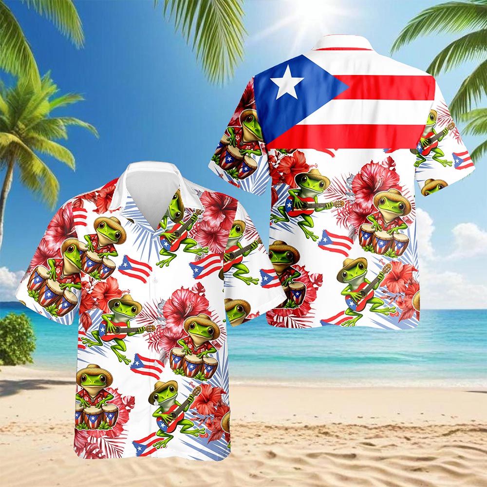 Netecom Tropical Puerto Rico Coqui Hibiscus Hawaiian Shirt for Men, Floral Animal Button Down Summer Beach Shirts, S-5XL