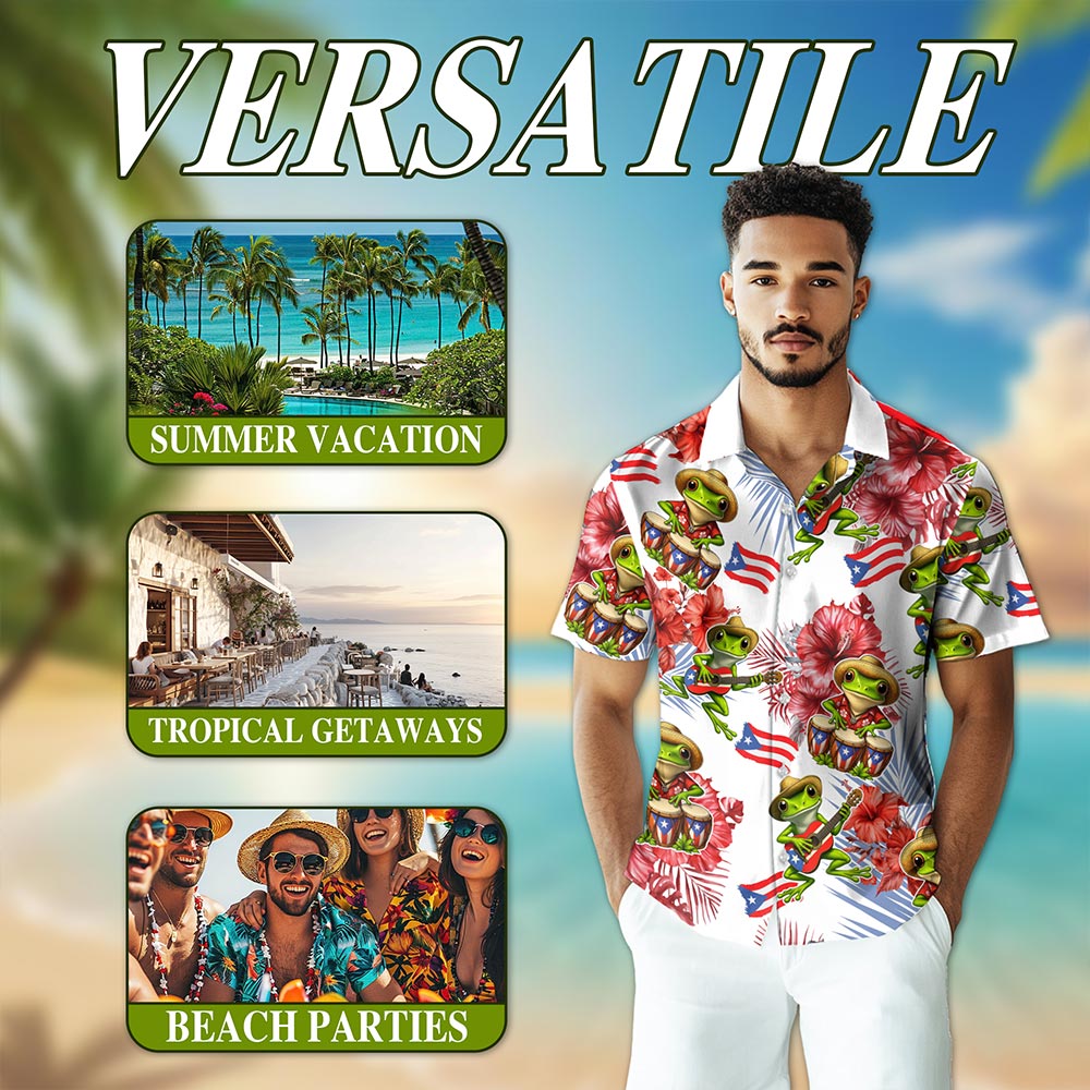 Netecom Tropical Puerto Rico Coqui Hibiscus Hawaiian Shirt for Men, Floral Animal Button Down Summer Beach Shirts, S-5XL
