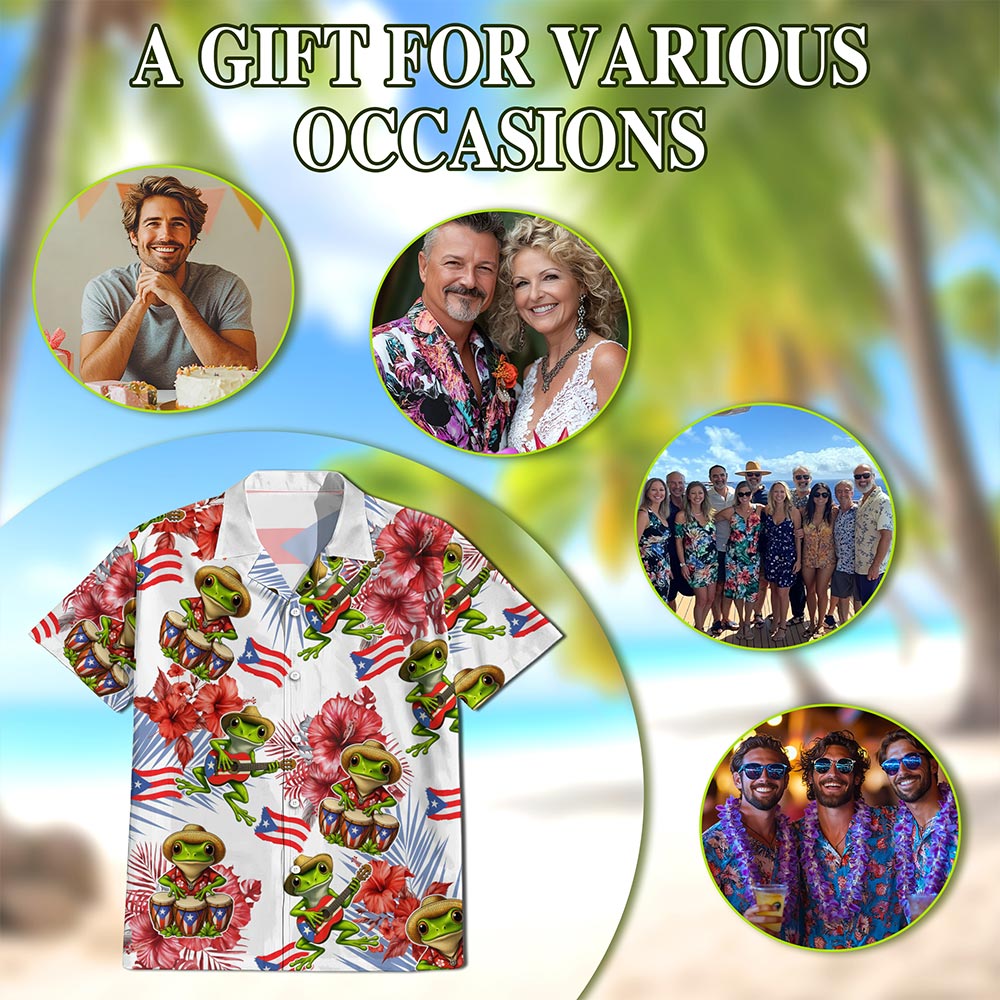 Netecom Tropical Puerto Rico Coqui Hibiscus Hawaiian Shirt for Men, Floral Animal Button Down Summer Beach Shirts, S-5XL
