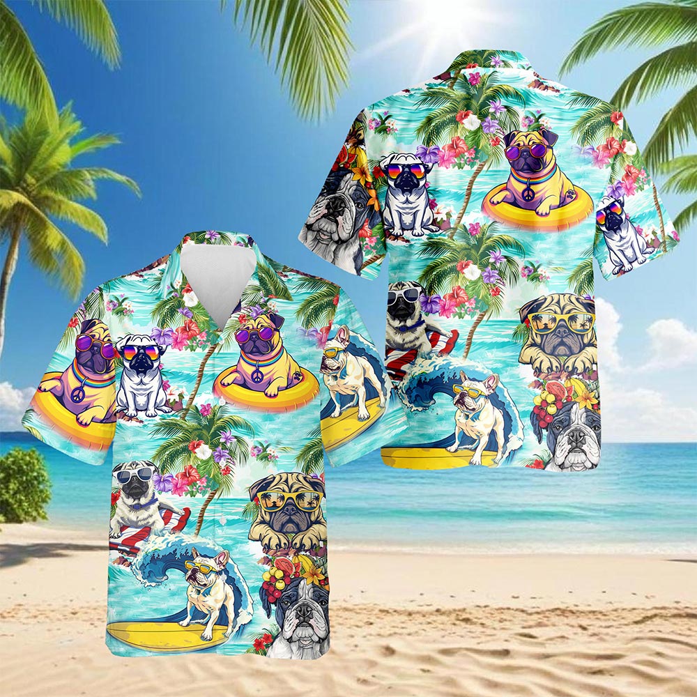 Netecom Tropical Pug Hawaiian Shirt for Men, Dog Lover Gifts, Animals Flowers Button Down Summer Aloha Beach Shirts, S-5XL