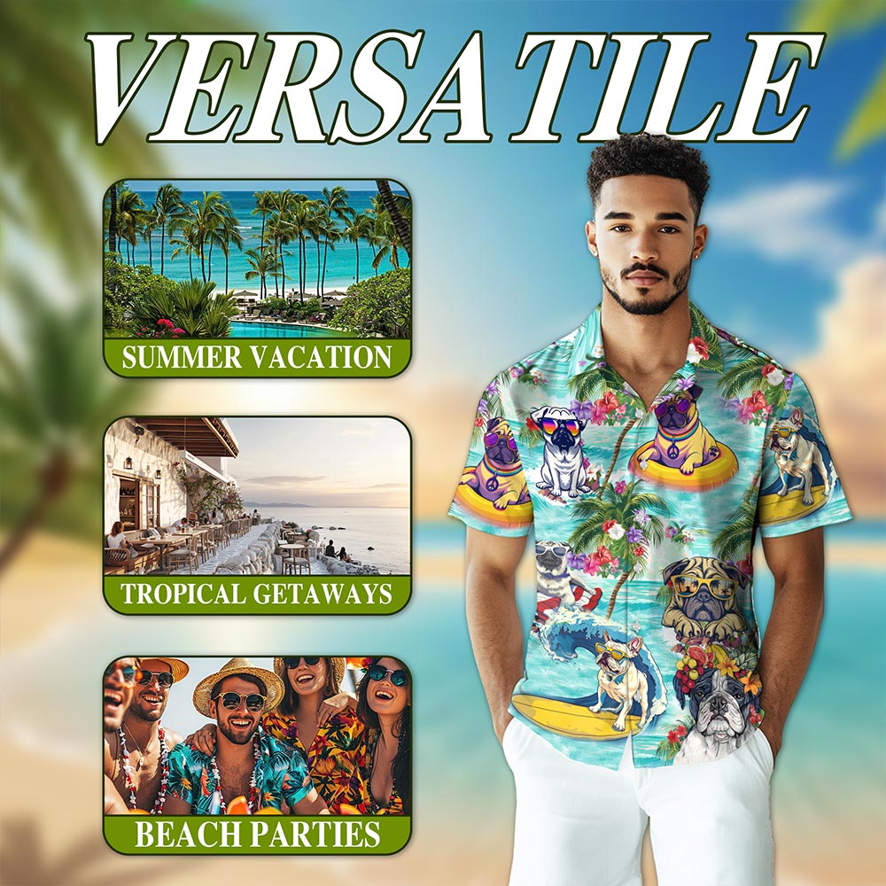 Netecom Tropical Pug Hawaiian Shirt for Men, Dog Lover Gifts, Animals Flowers Button Down Summer Aloha Beach Shirts, S-5XL