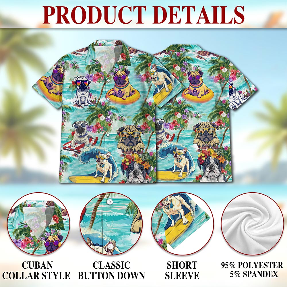 Netecom Tropical Pug Hawaiian Shirt for Men, Dog Lover Gifts, Animals Flowers Button Down Summer Aloha Beach Shirts, S-5XL