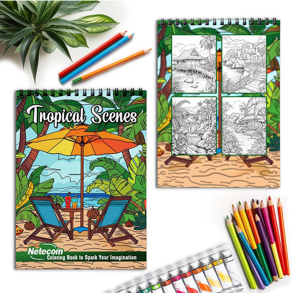 Netecom Tropical Scenes Spiral Coloring Book for Adults