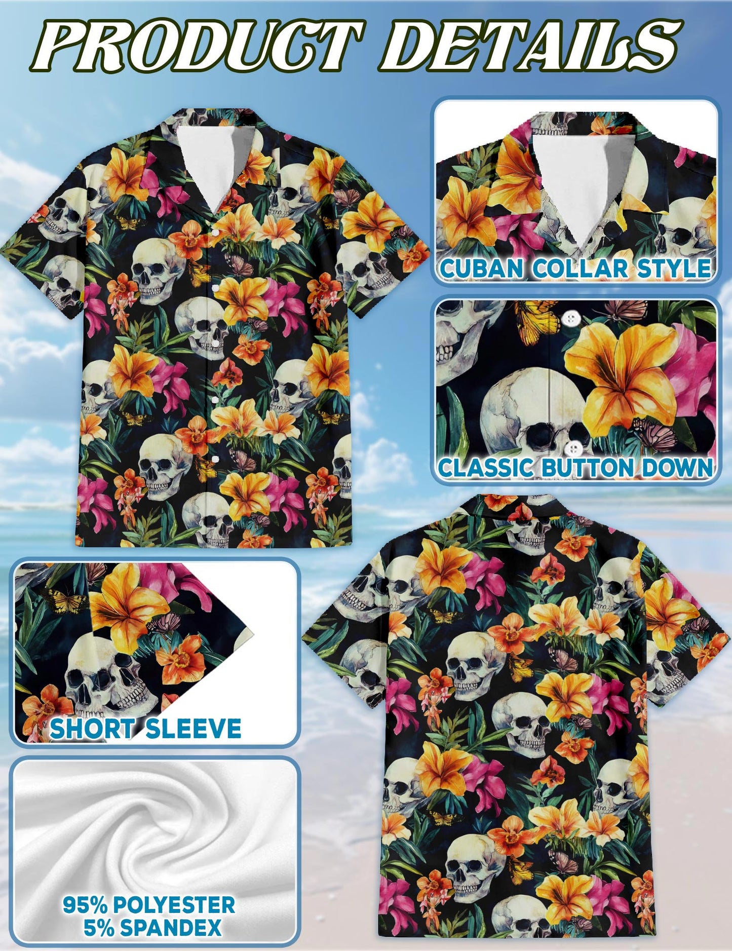 Netecom Tropical Skull Hawaiian Shirt for Men, Tropical Style, Button Down Summer Beach Short Sleeve, S-5XL