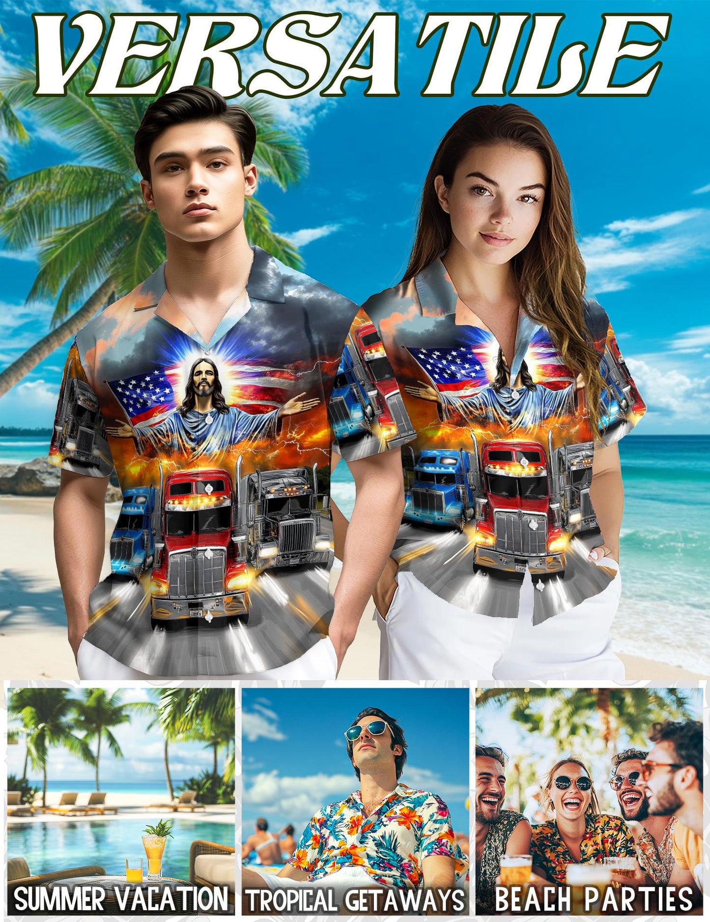 Netecom Truck Driver Jesus Bless Hawaiian Shirt for Men, Button Down Summer Beach Short Sleeve, S-5XL