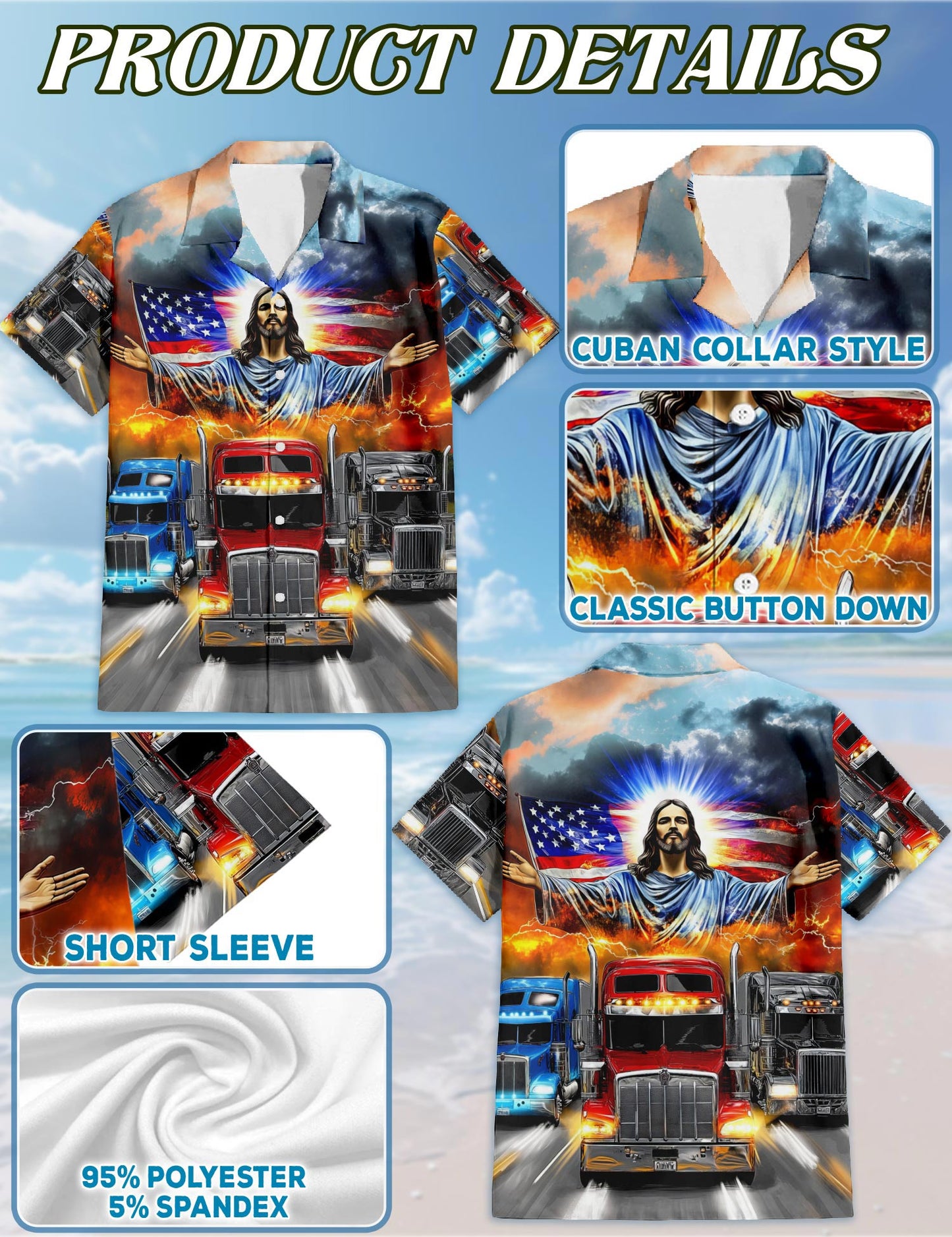 Netecom Truck Driver Jesus Bless Hawaiian Shirt for Men, Button Down Summer Beach Short Sleeve, S-5XL