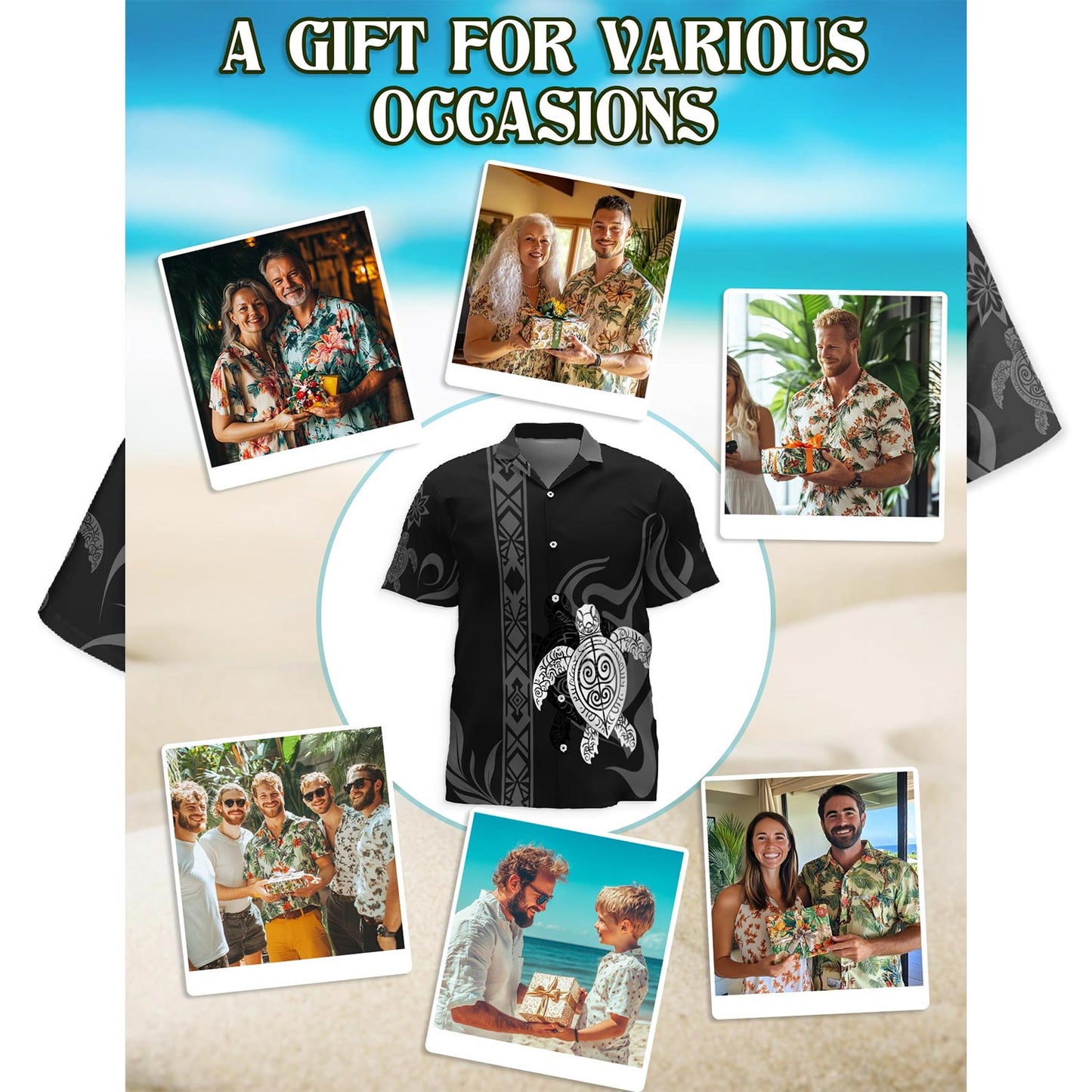 Netecom Turtle Hawaiian Shirt for Men, Button Down Summer Beach Short Sleeve, Vintage Style, Sizes S-5XL