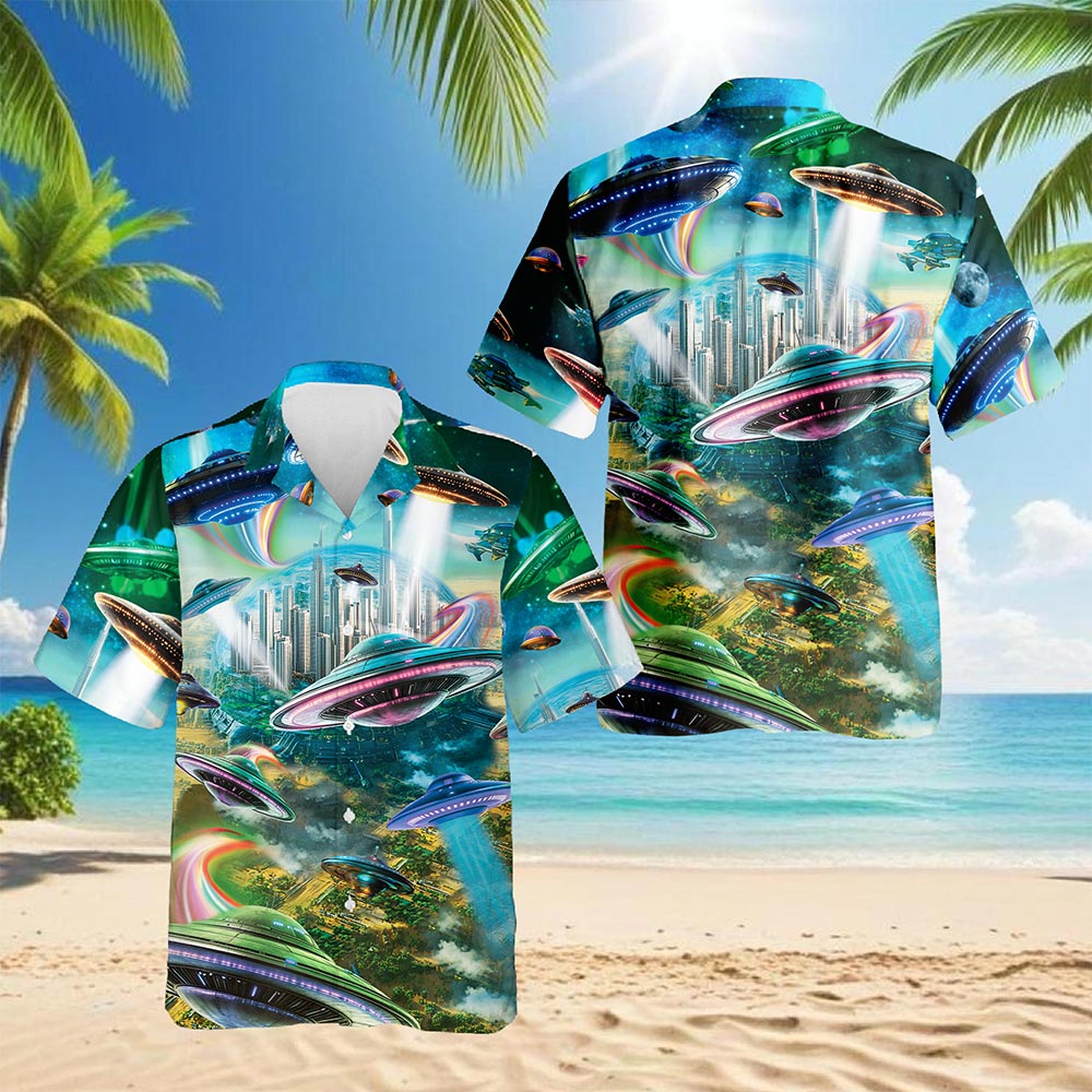 Netecom UFO Hawaiian Shirt for Men, Space Vibes Style, Button Down Summer Beach Short Sleeve, S-5XL