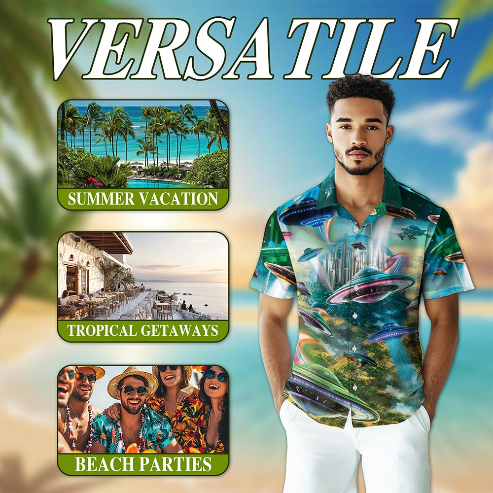 Netecom UFO Hawaiian Shirt for Men, Space Vibes Style, Button Down Summer Beach Short Sleeve, S-5XL