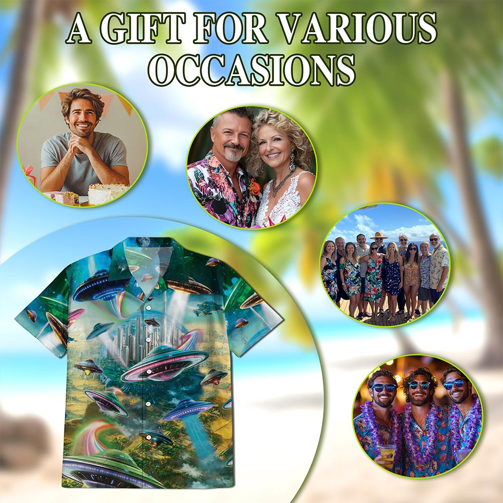 Netecom UFO Hawaiian Shirt for Men, Space Vibes Style, Button Down Summer Beach Short Sleeve, S-5XL