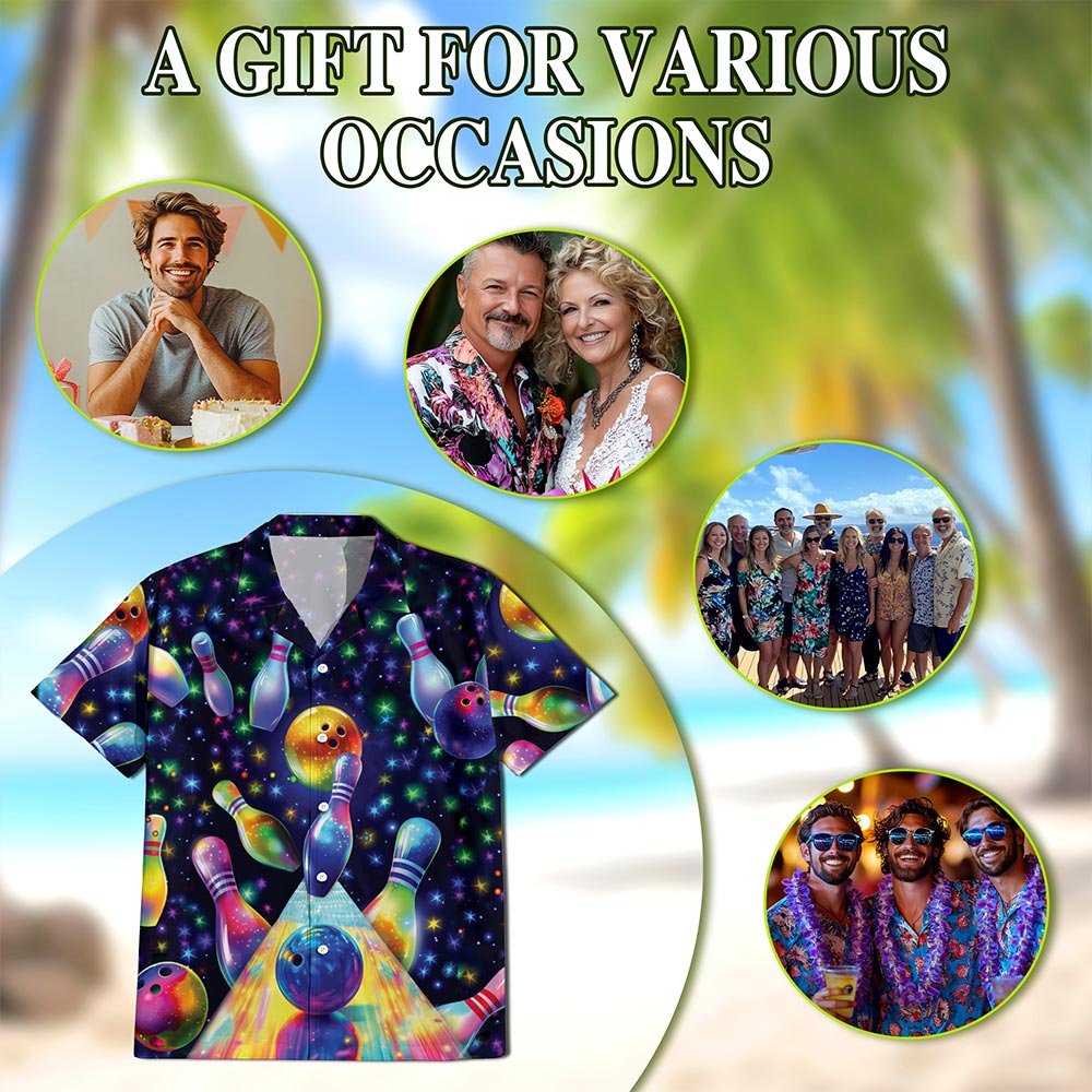 Netecom Unique Beach Bowling Hawaiian Shirt for Men, Button Down Summer Beach Short Sleeve, Tropical Style, S-5XL