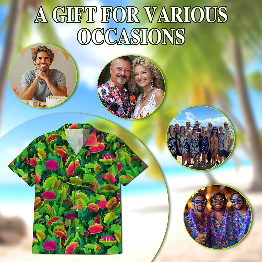 Netecom Venus Flytrap Hawaiian Shirt for Men, Plant Lover Gifts, Button Down Summer Beach Short Sleeve, S-5XL