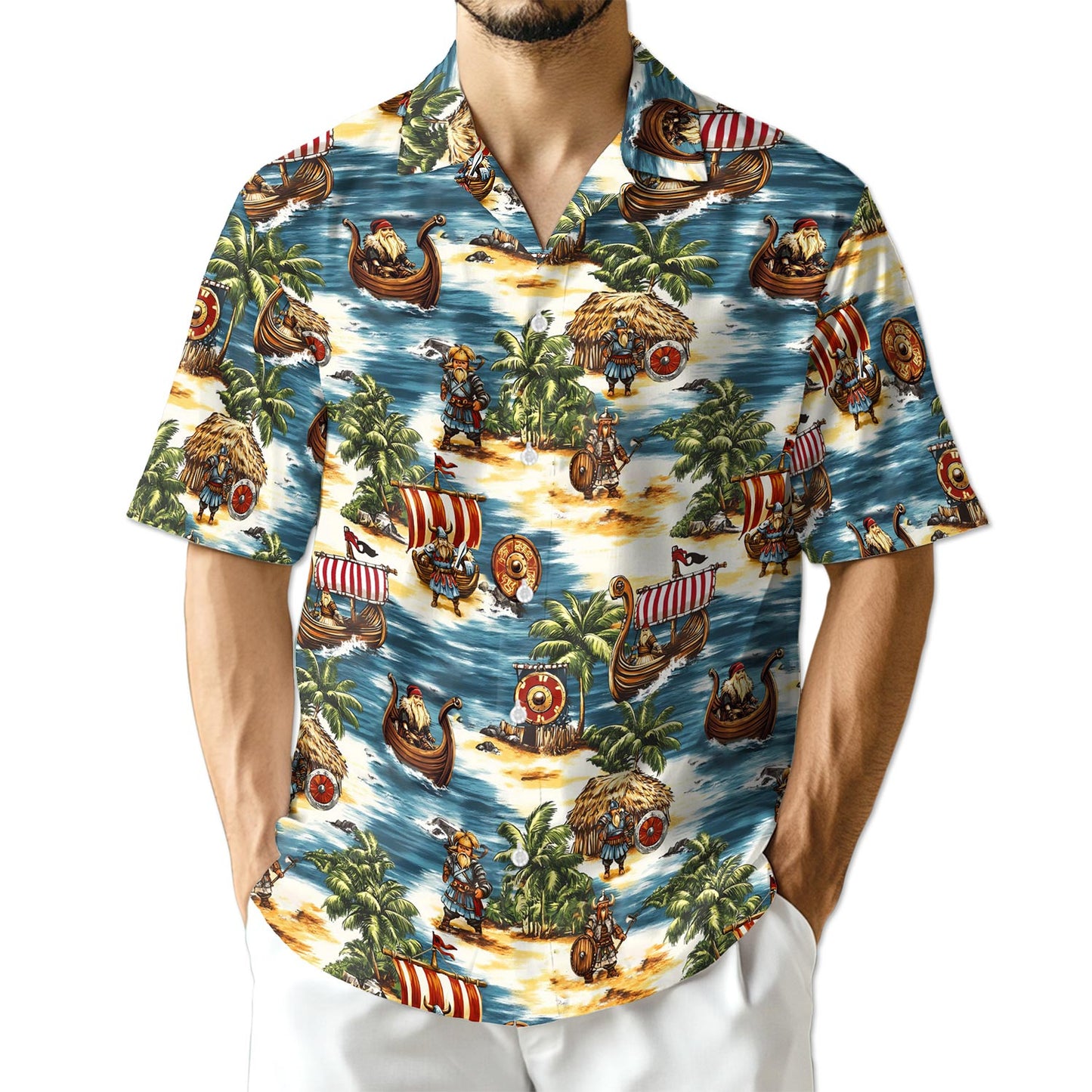 Netecom Viking Hawaiian Shirt for Men, Tropical Style, Button Down Summer Beach Short Sleeve, S-5XL
