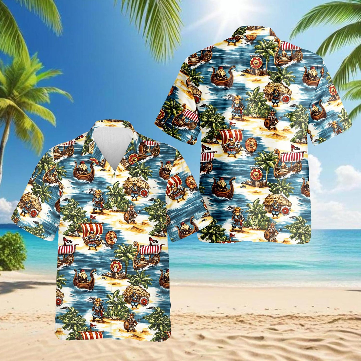 Netecom Viking Hawaiian Shirt for Men, Tropical Style, Button Down Summer Beach Short Sleeve, S-5XL
