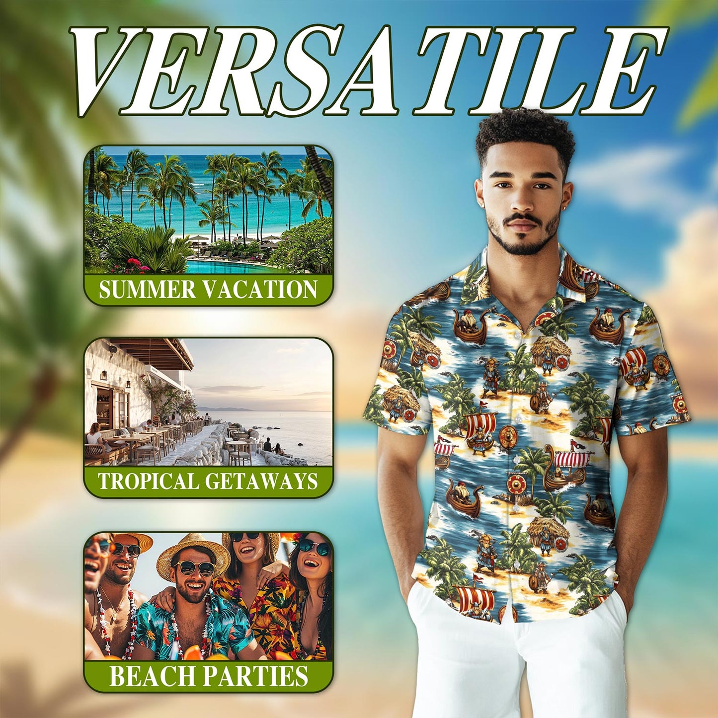 Netecom Viking Hawaiian Shirt for Men, Tropical Style, Button Down Summer Beach Short Sleeve, S-5XL