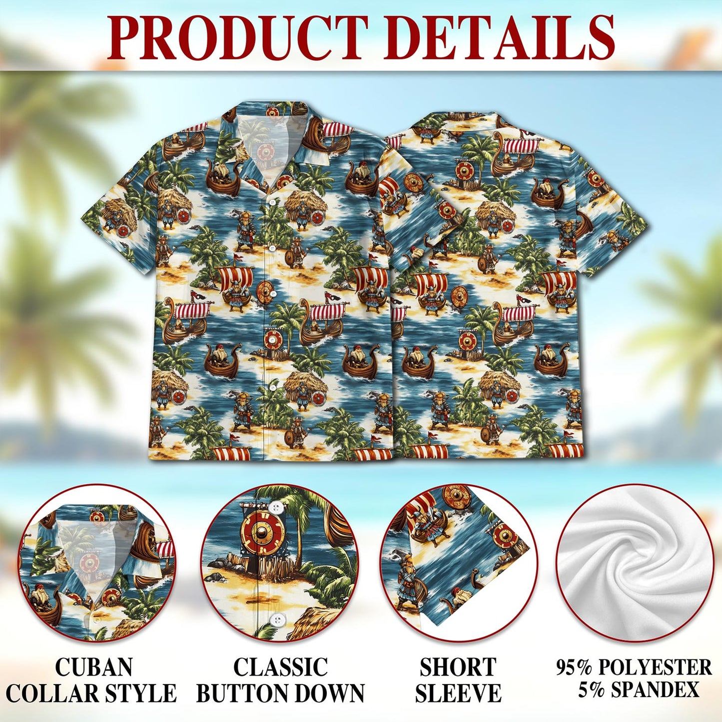 Netecom Viking Hawaiian Shirt for Men, Tropical Style, Button Down Summer Beach Short Sleeve, S-5XL
