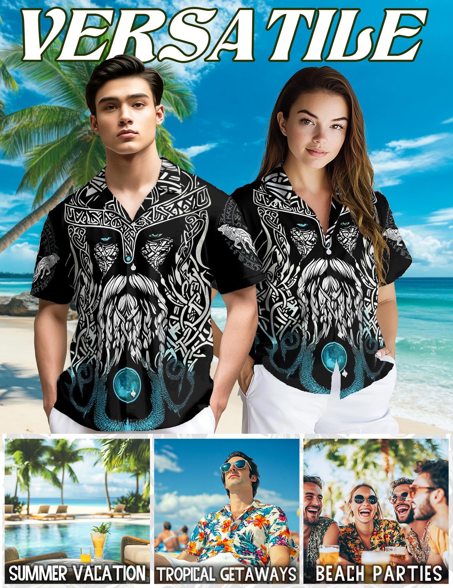 Netecom Viking Odin Medieval Hawaiian Shirt for Men, Button Down Summer Beach Short Sleeve, S-5XL