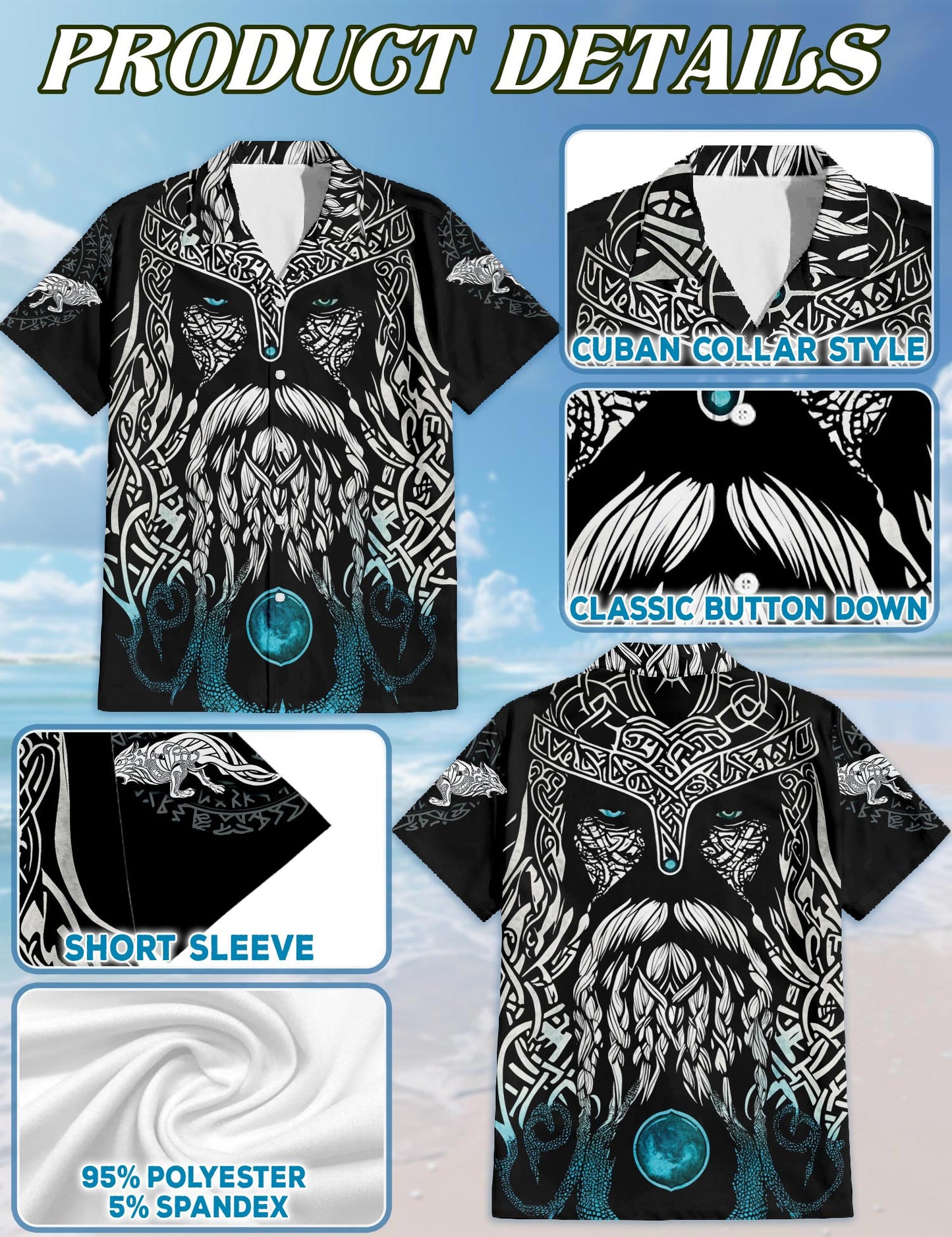 Netecom Viking Odin Medieval Hawaiian Shirt for Men, Button Down Summer Beach Short Sleeve, S-5XL
