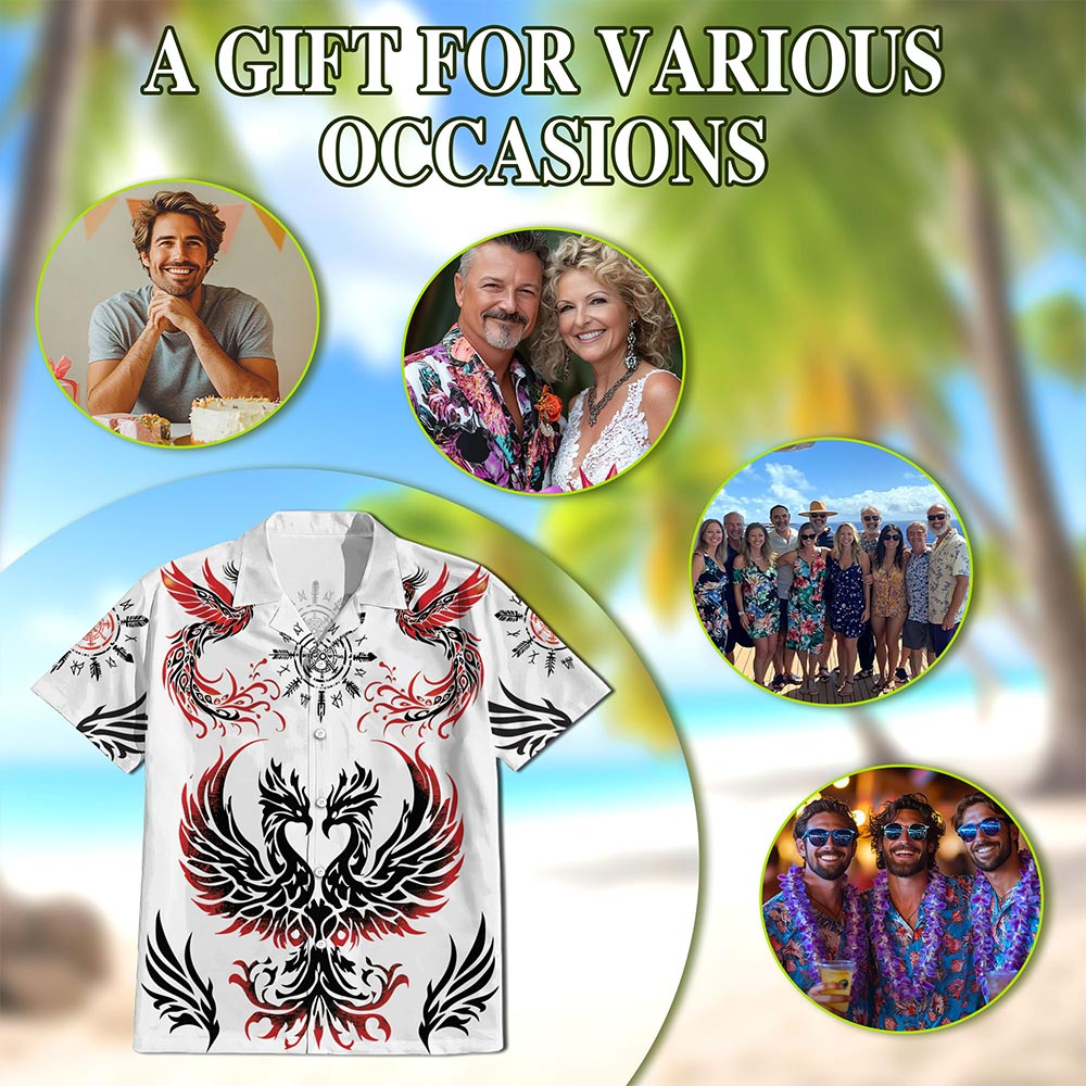 Netecom Viking Phoenix Hawaiian Shirt for Men, Mythical Bird Button Down Summer Beach Short Sleeve, S-5XL