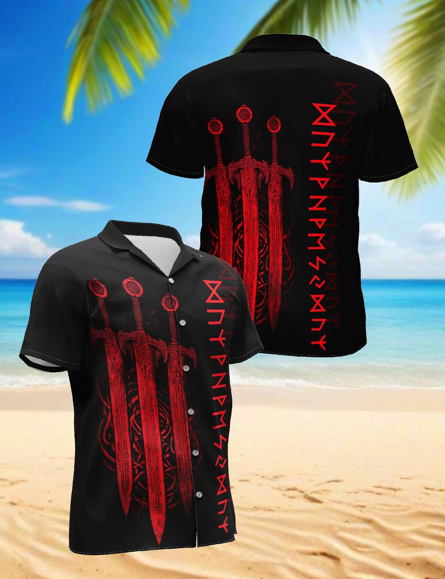 Netecom Viking Sword Hawaiian Shirt for Men, Button Down Summer Beach Short Sleeve, Vintage Style, Sizes S-5XL