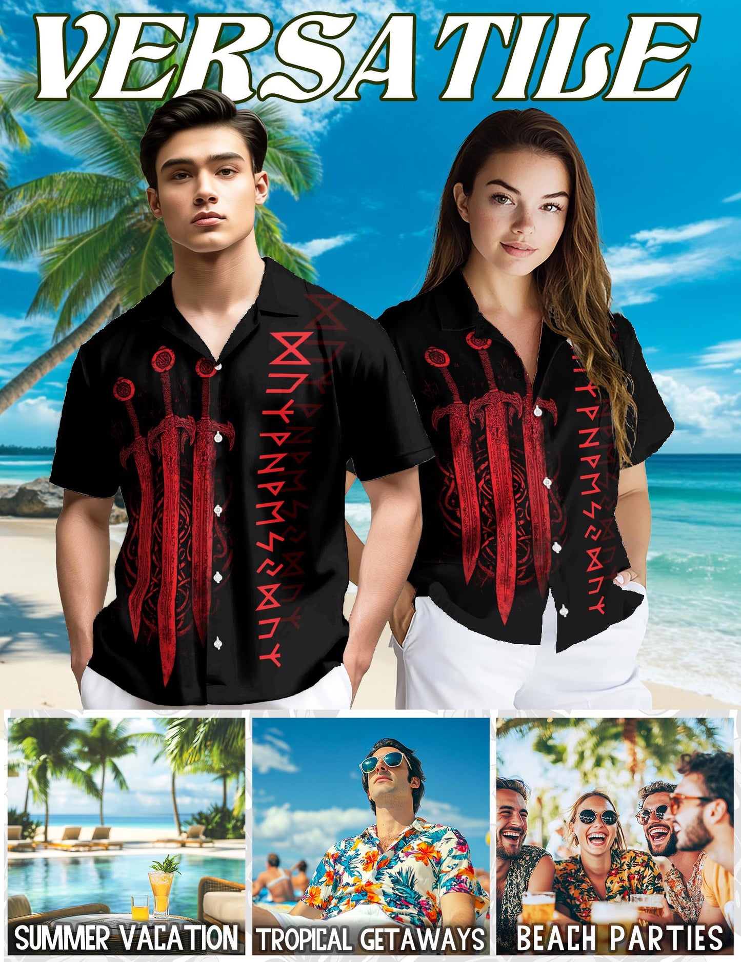 Netecom Viking Sword Hawaiian Shirt for Men, Button Down Summer Beach Short Sleeve, Vintage Style, Sizes S-5XL