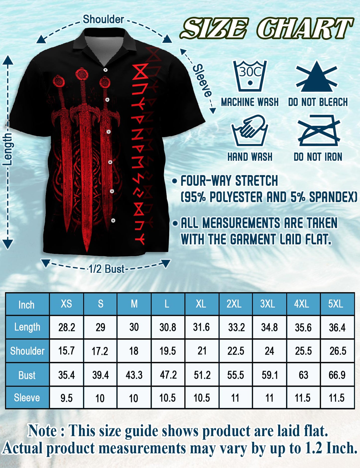Netecom Viking Sword Hawaiian Shirt for Men, Button Down Summer Beach Short Sleeve, Vintage Style, Sizes S-5XL