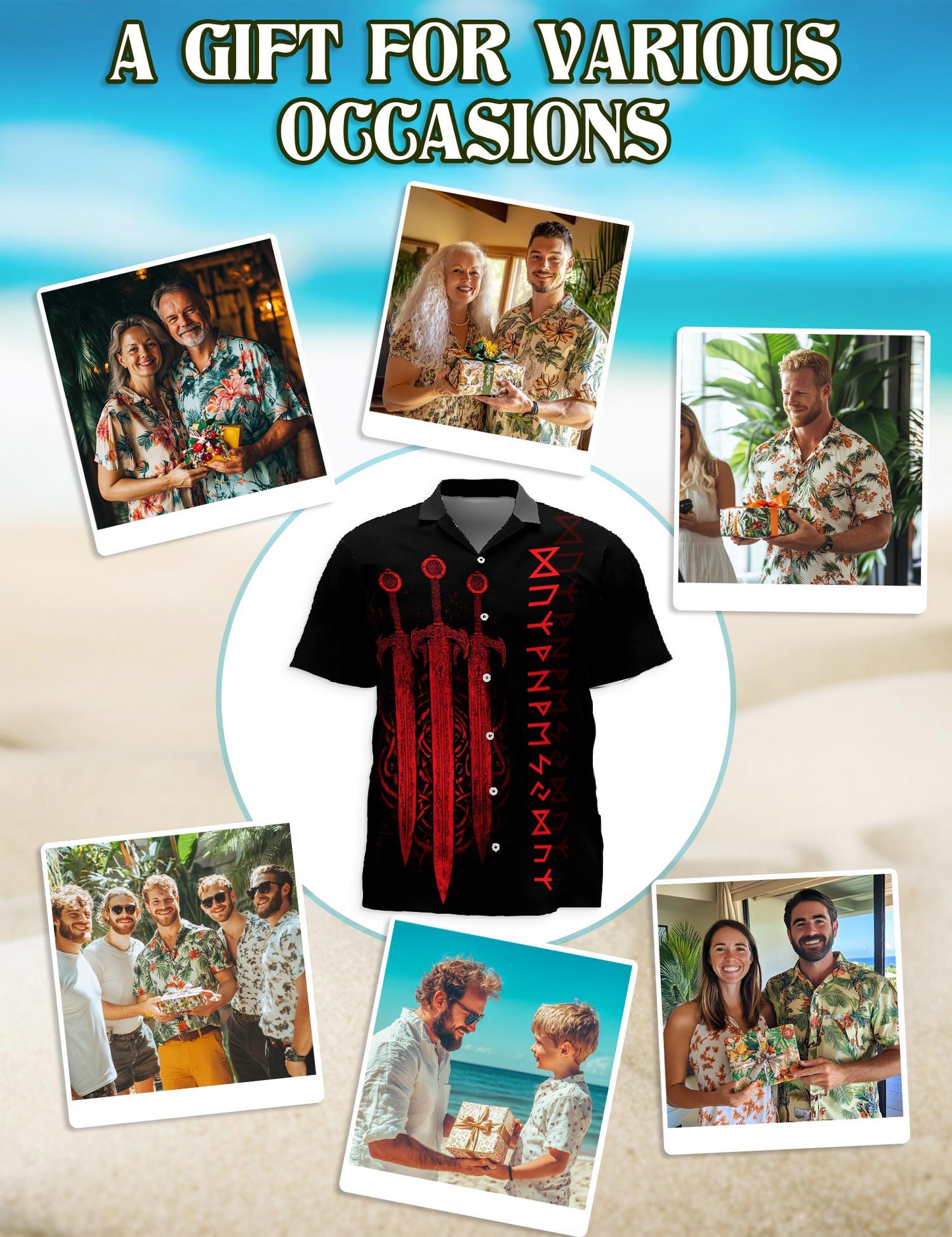 Netecom Viking Sword Hawaiian Shirt for Men, Button Down Summer Beach Short Sleeve, Vintage Style, Sizes S-5XL