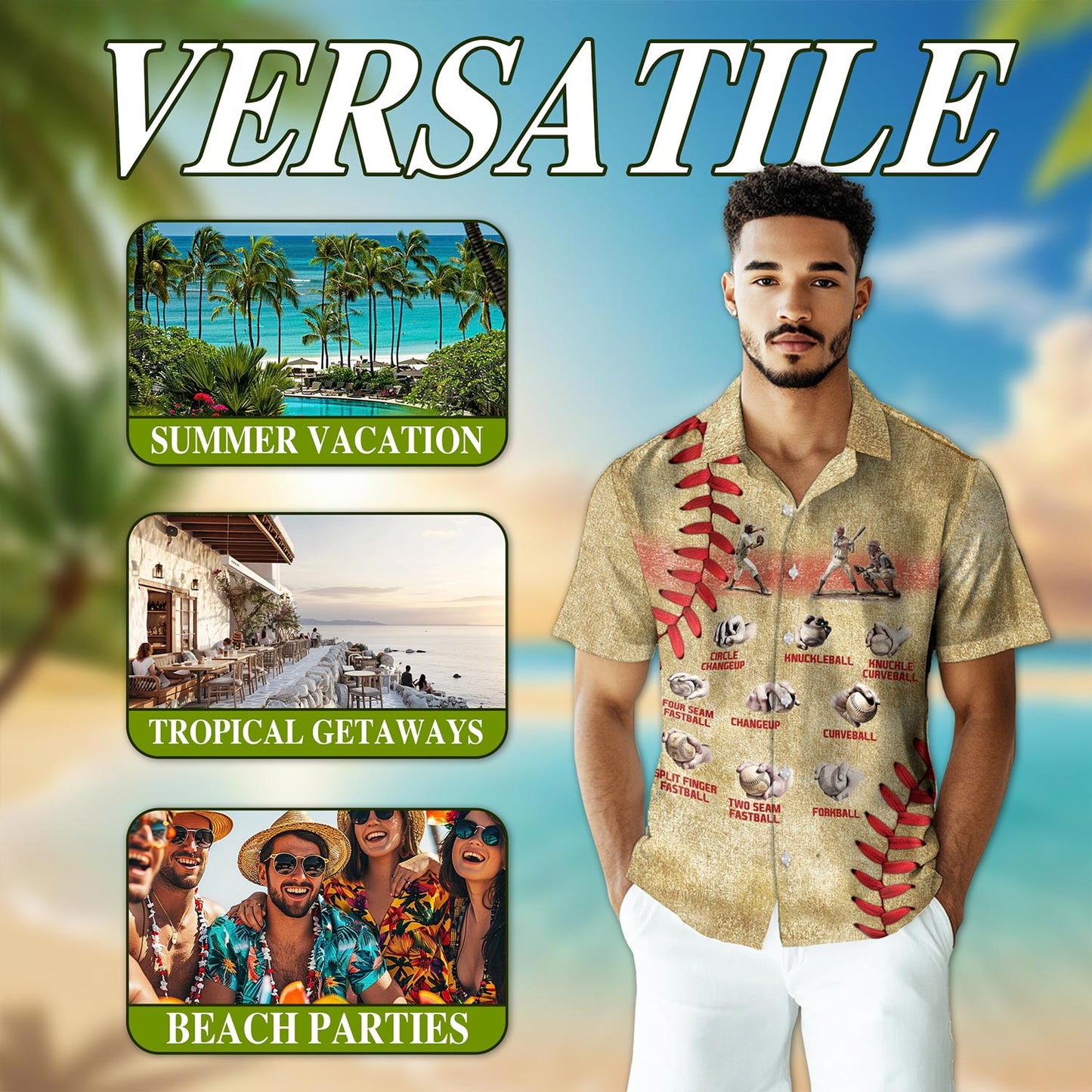 Netecom Vintage Baseball Pitching Grips Hawaiian Shirt for Men, Button Down Summer Beach Short Sleeve, Sports Style, Sizes S-5XL