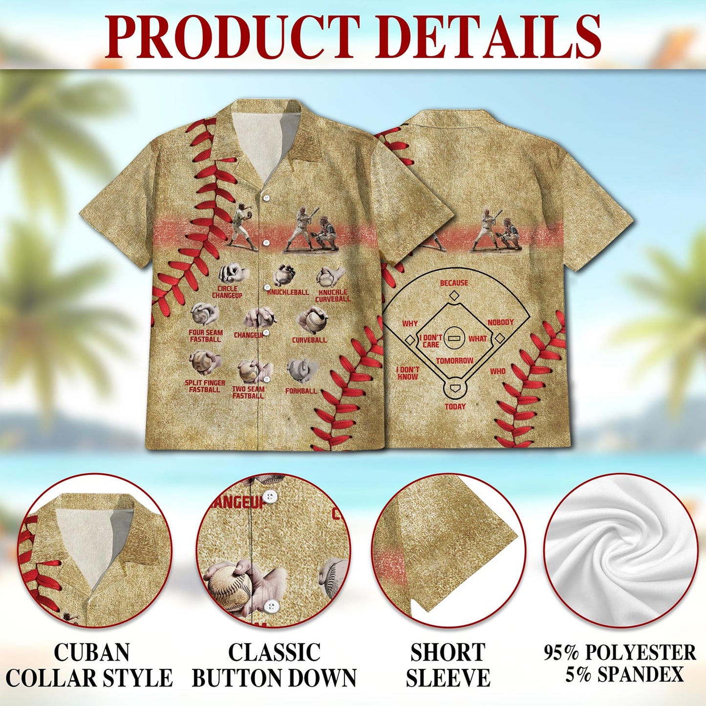 Netecom Vintage Baseball Pitching Grips Hawaiian Shirt for Men, Button Down Summer Beach Short Sleeve, Sports Style, Sizes S-5XL