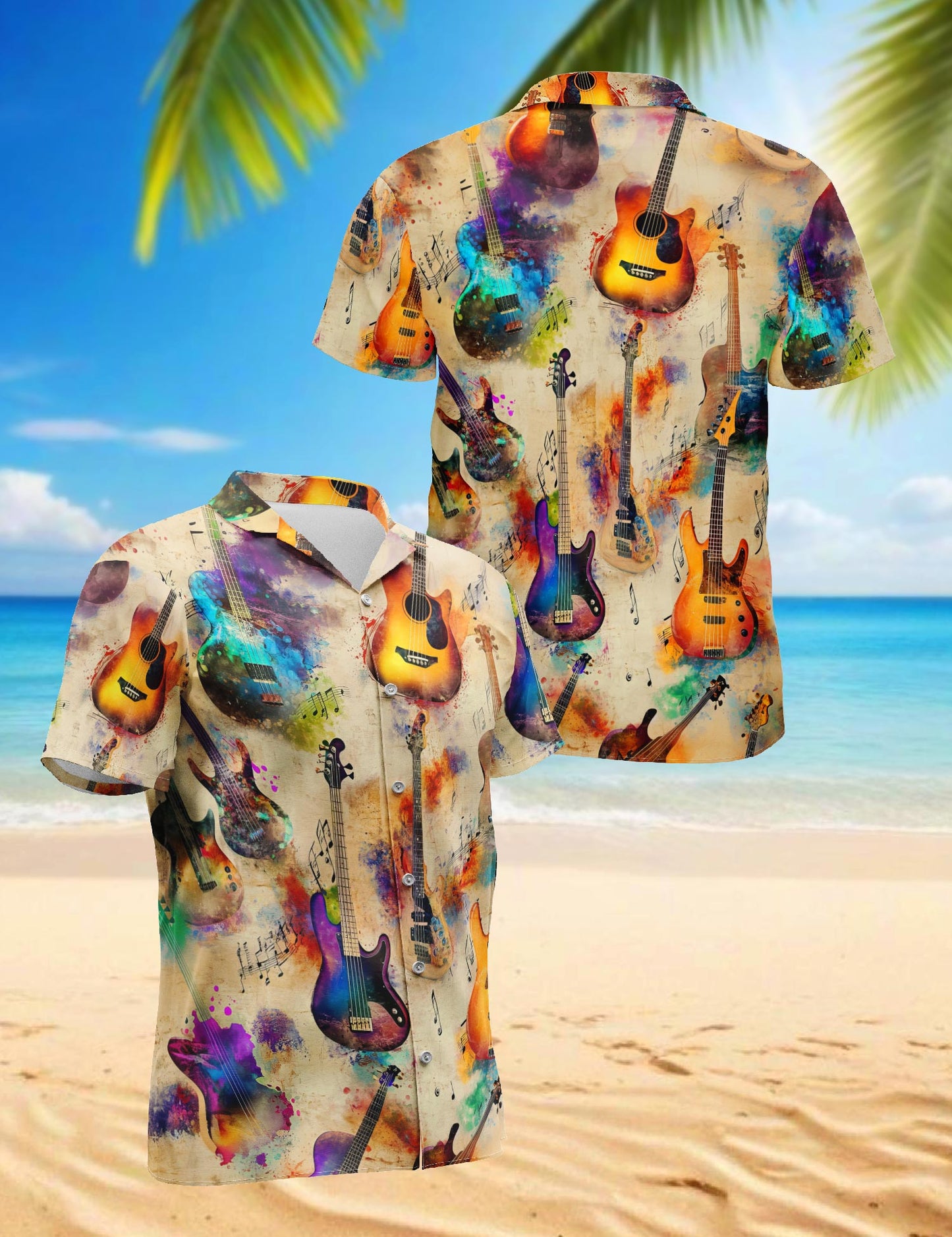 Netecom Vintage Bass Guitar Hawaiian Shirt for Men, Retro Style, Button Down Summer Beach Short Sleeve, S-5XL