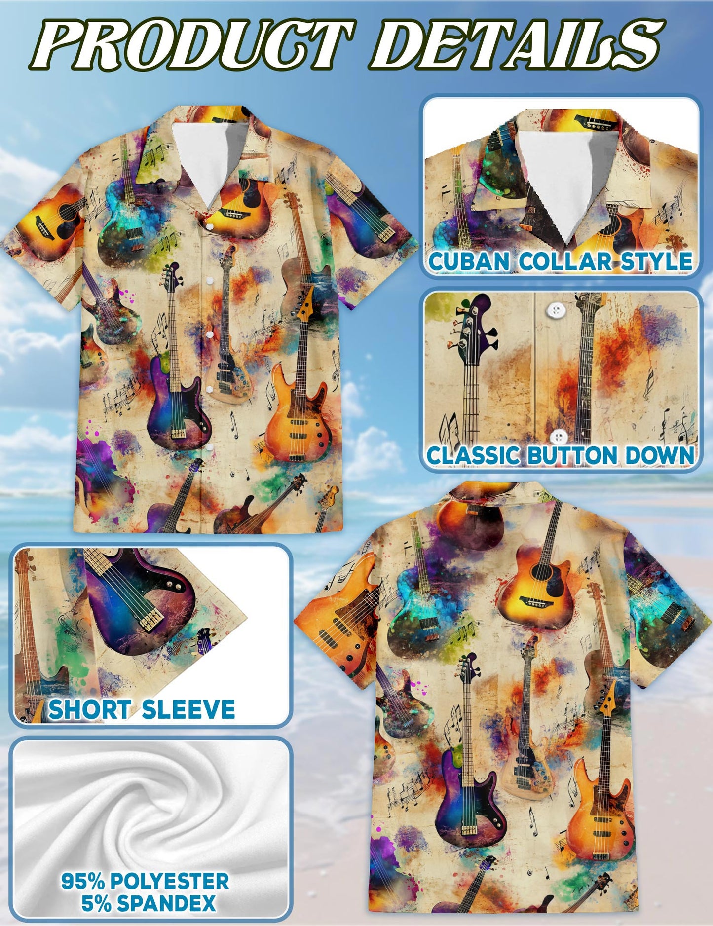 Netecom Vintage Bass Guitar Hawaiian Shirt for Men, Retro Style, Button Down Summer Beach Short Sleeve, S-5XL