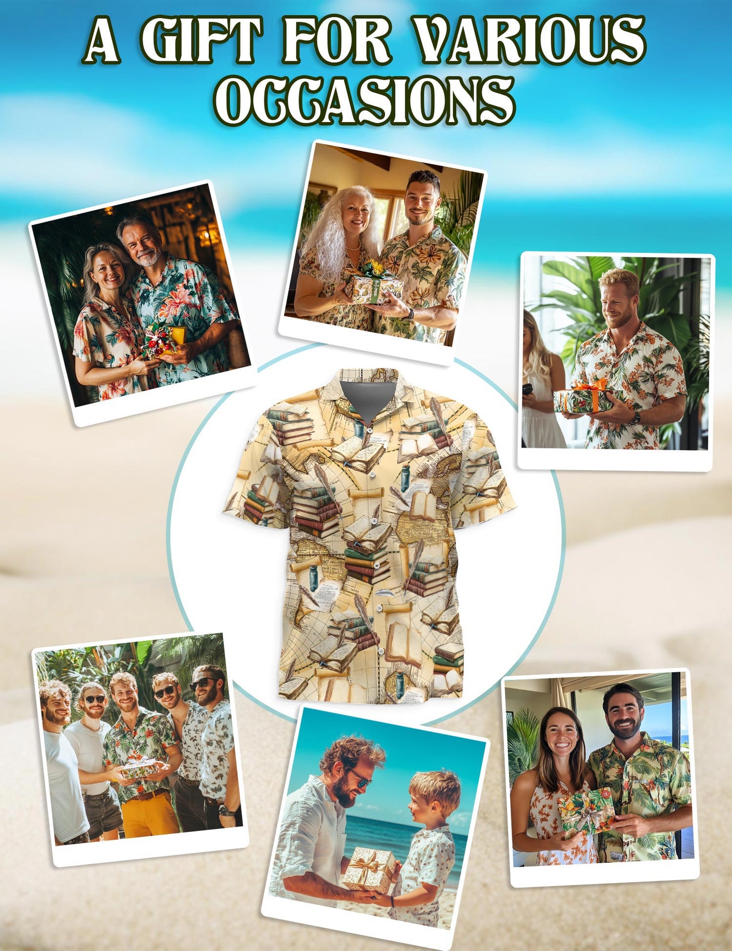 Netecom Vintage Book Hawaiian Shirt for Men, Retro Style, Button Down Summer Beach Short Sleeve, S-5XL