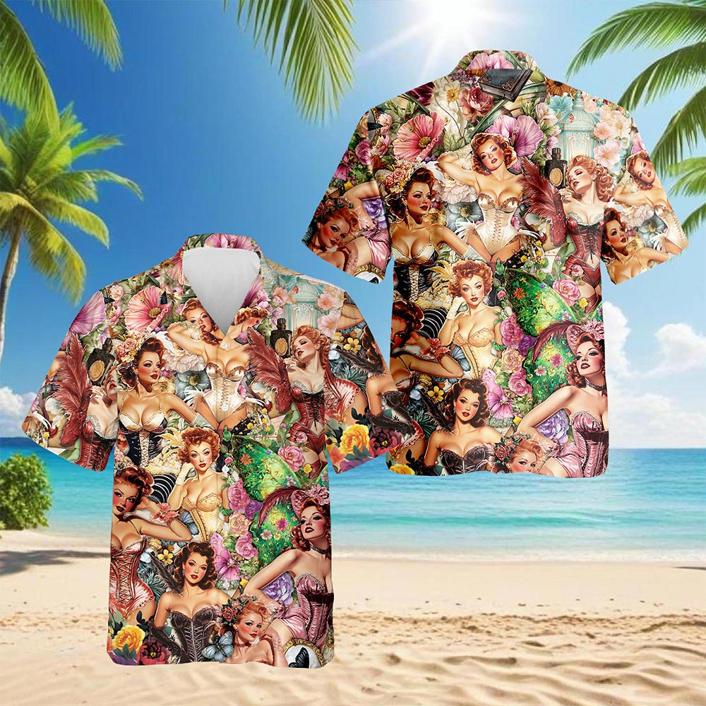 Netecom Vintage Dancer Pinup Carnival Hawaiian Shirt for Men Women, Floral Button Down Summer Beach Short Sleeve Shirts, S-5XL