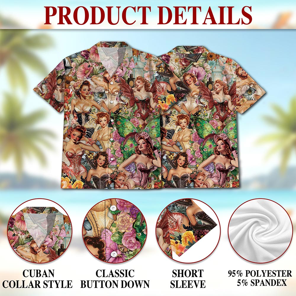 Netecom Vintage Dancer Pinup Carnival Hawaiian Shirt for Men Women, Floral Button Down Summer Beach Short Sleeve Shirts, S-5XL