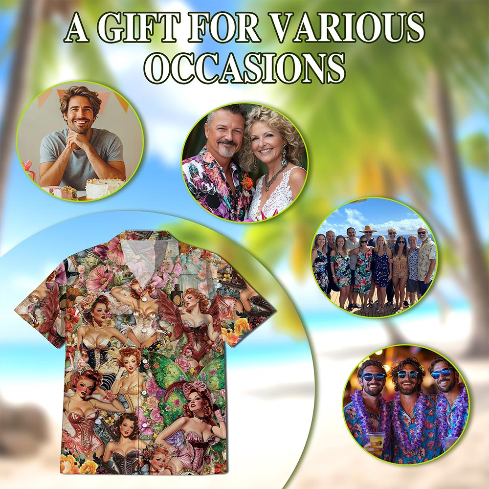 Netecom Vintage Dancer Pinup Carnival Hawaiian Shirt for Men Women, Floral Button Down Summer Beach Short Sleeve Shirts, S-5XL