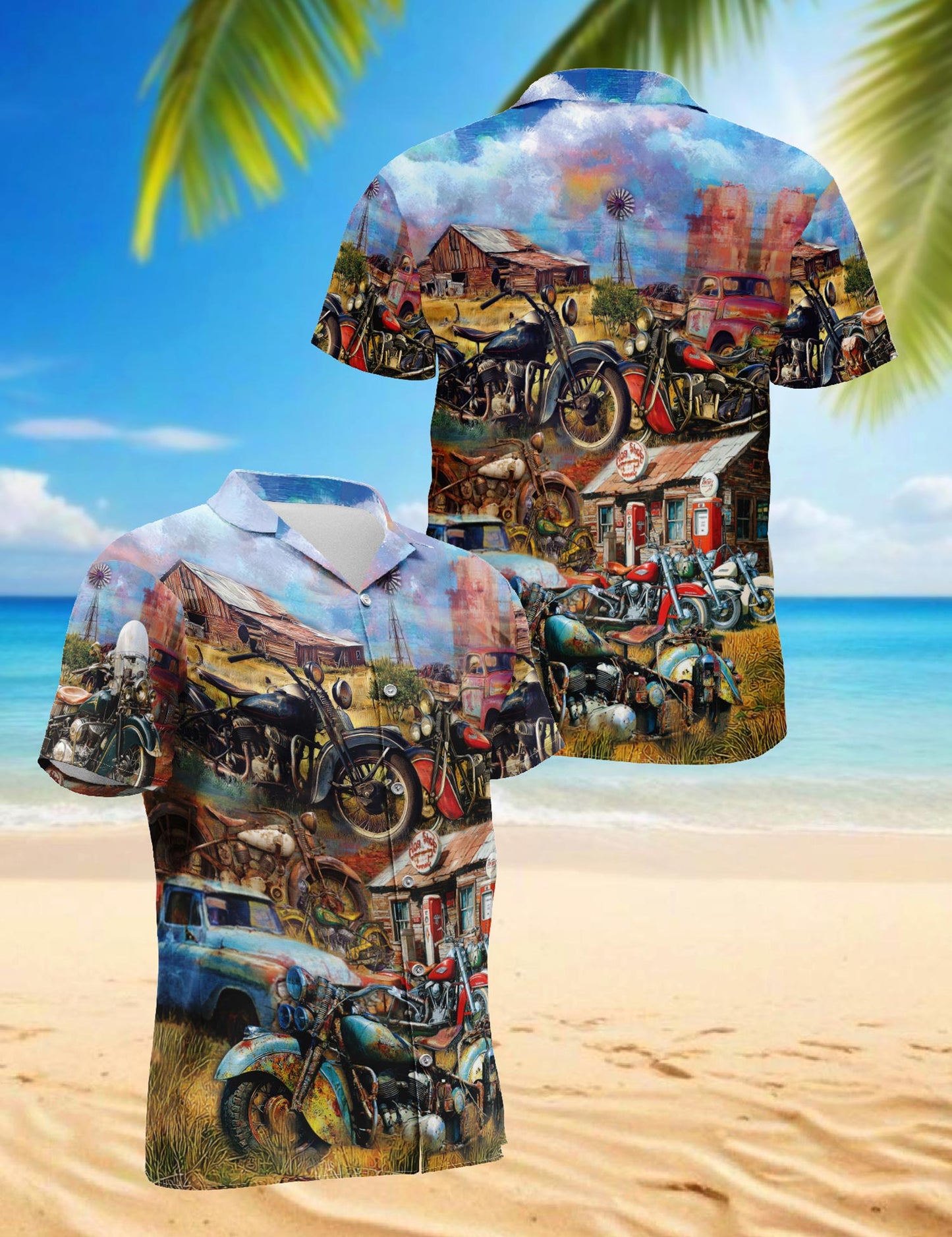 Netecom Vintage Motorcycle Hawaiian Shirt for Men Women, Retro Style, Button Down Summer Beach Short Sleeve, S-5XL